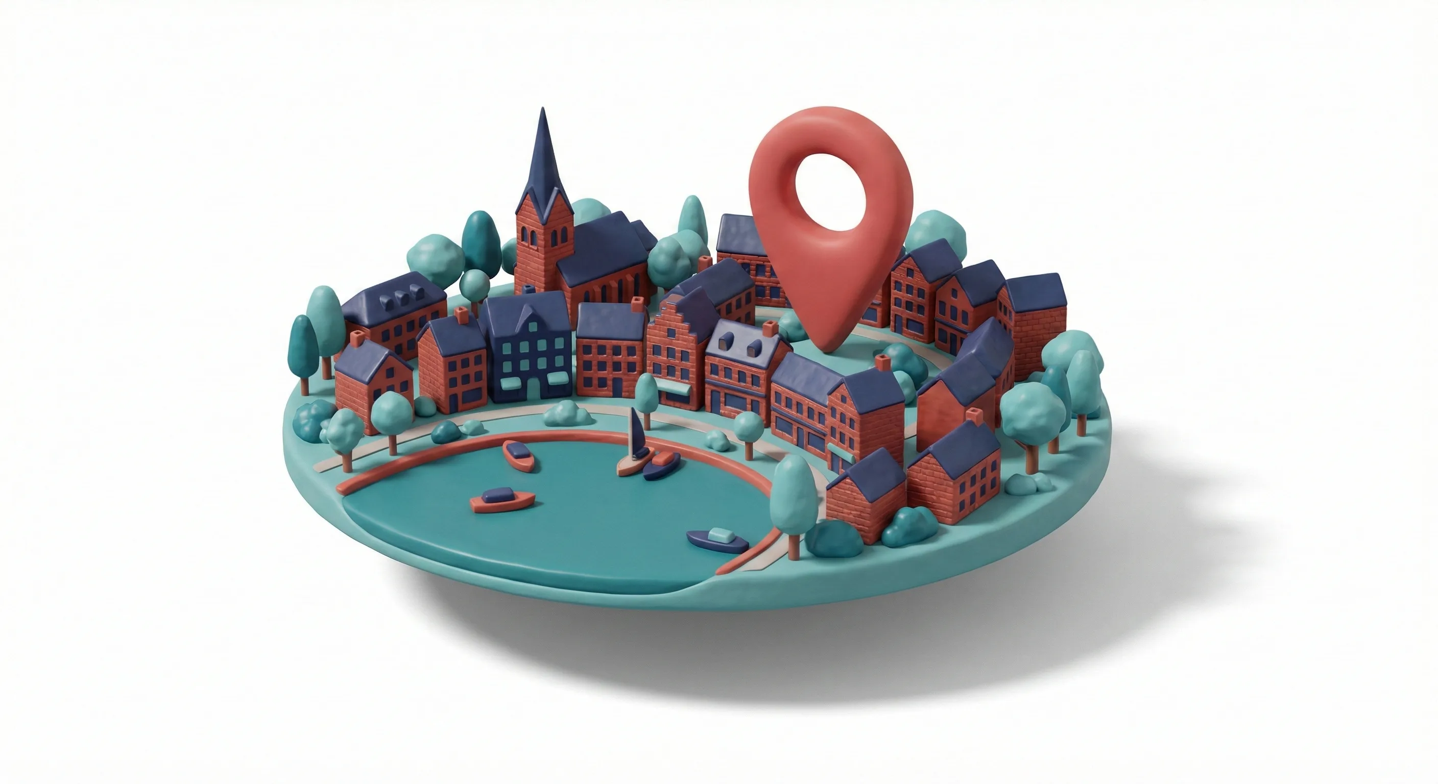 3D-Illustration: Miniatur-Diorama von Neuruppin mit See, Backsteingebäuden und rotem Standort-Pin