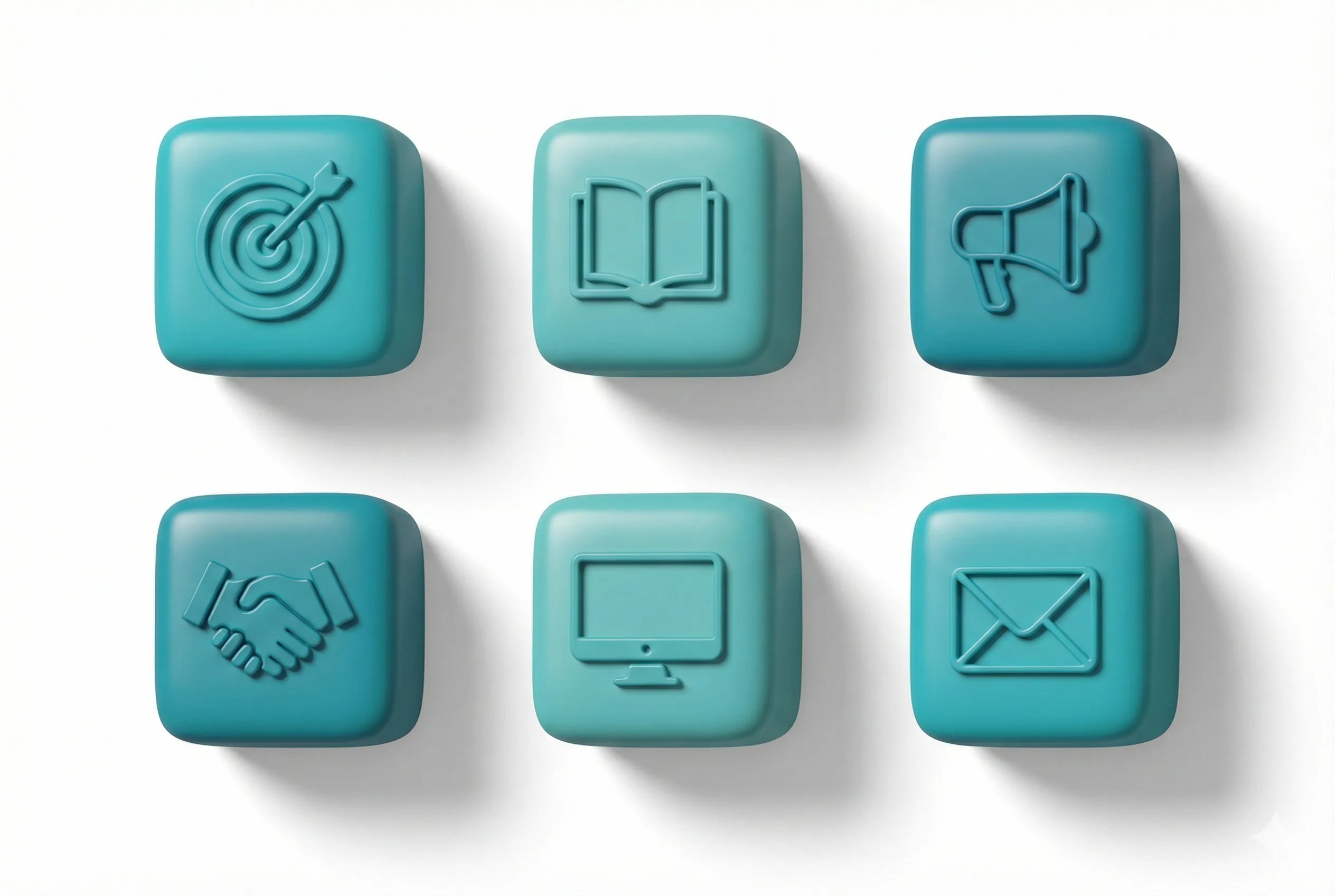3D-Illustration: Sechs Teal-farbene Würfel mit PR-Service-Icons, Zielscheibe, Buch, Megafon, Handschlag, Monitor, Brief