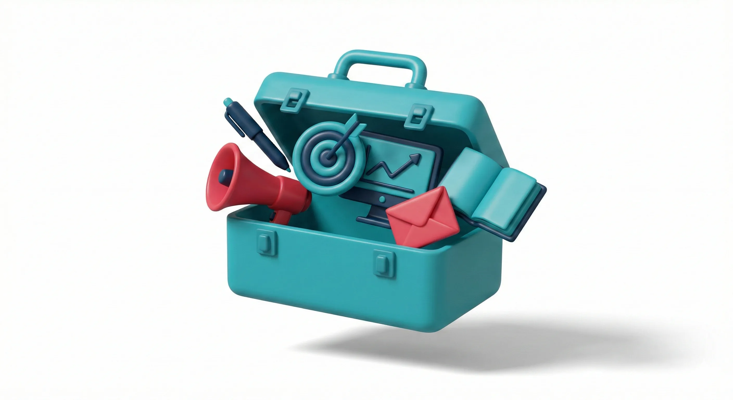 3D-Illustration: Teal-farbener Werkzeugkoffer mit PR-Tools, Megafon, Monitor, Zielscheibe, Briefumschlag