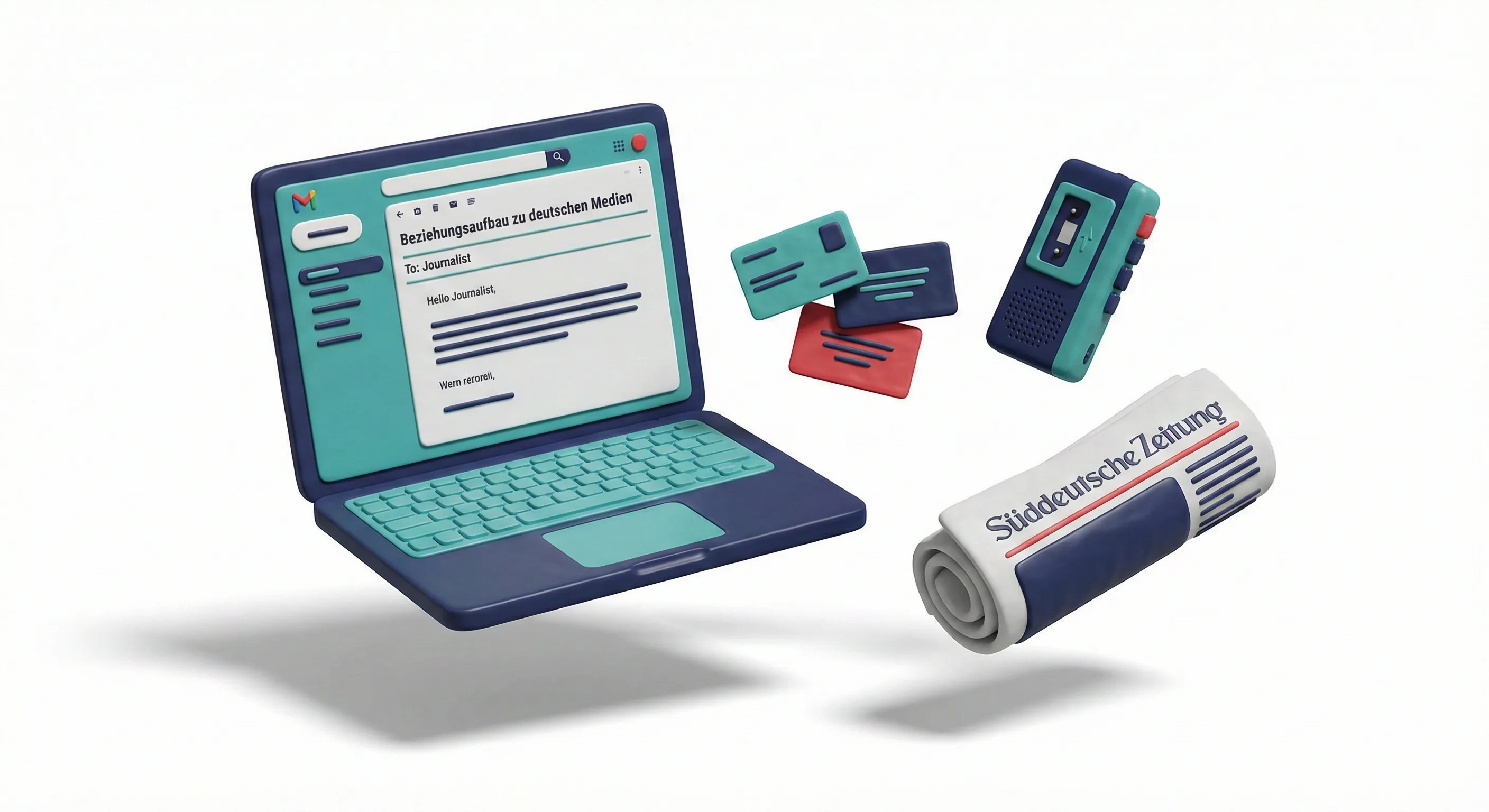 3D-Illustration: Laptop mit E-Mail, Süddeutsche Zeitung, Diktiergerät und Visitenkarten