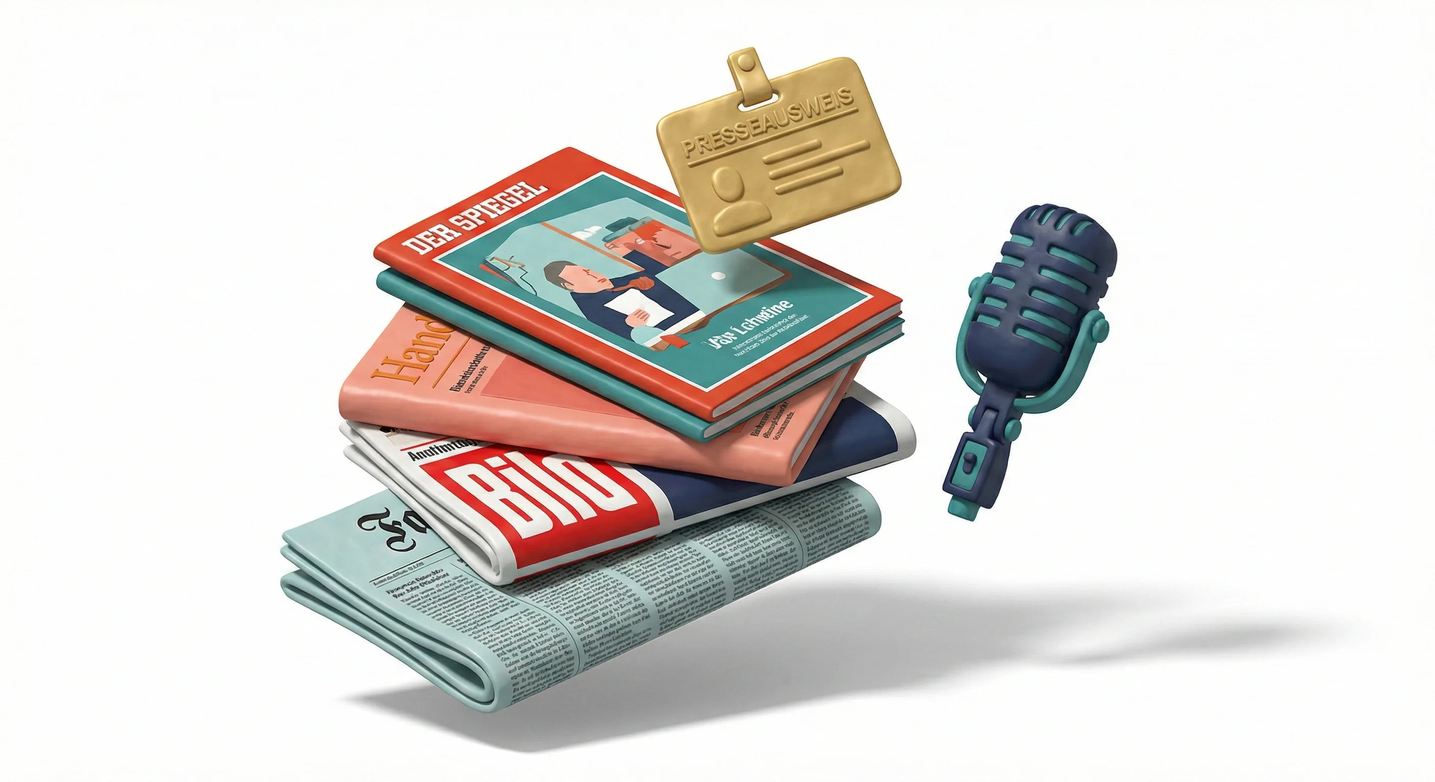 3D-Illustration: Deutsche Zeitungen Spiegel, BILD, Handelsblatt mit Presseausweis und Mikrofon