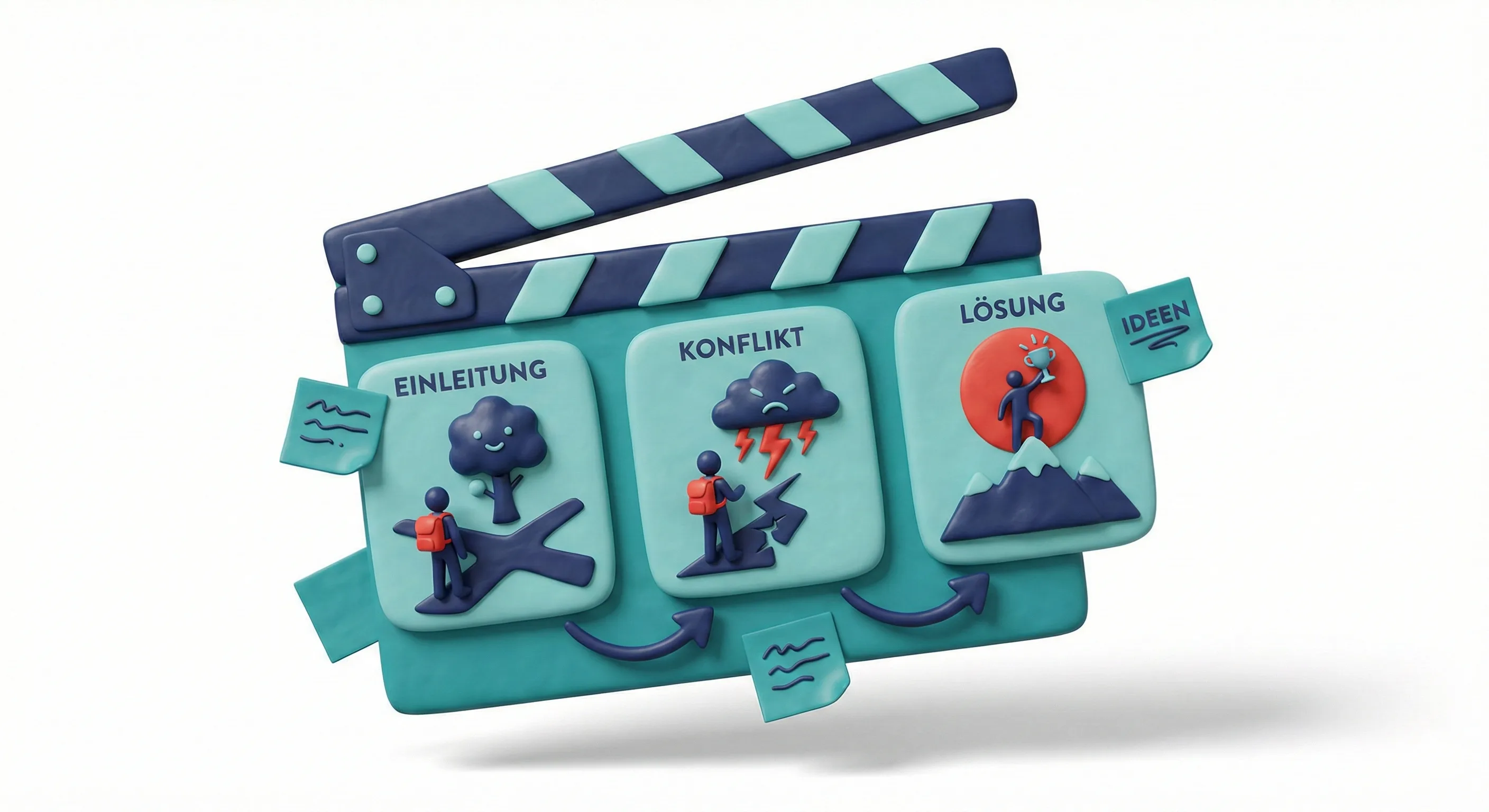 3D-Illustration: Filmklappe als Storyboard - Einleitung, Konflikt, Lösung