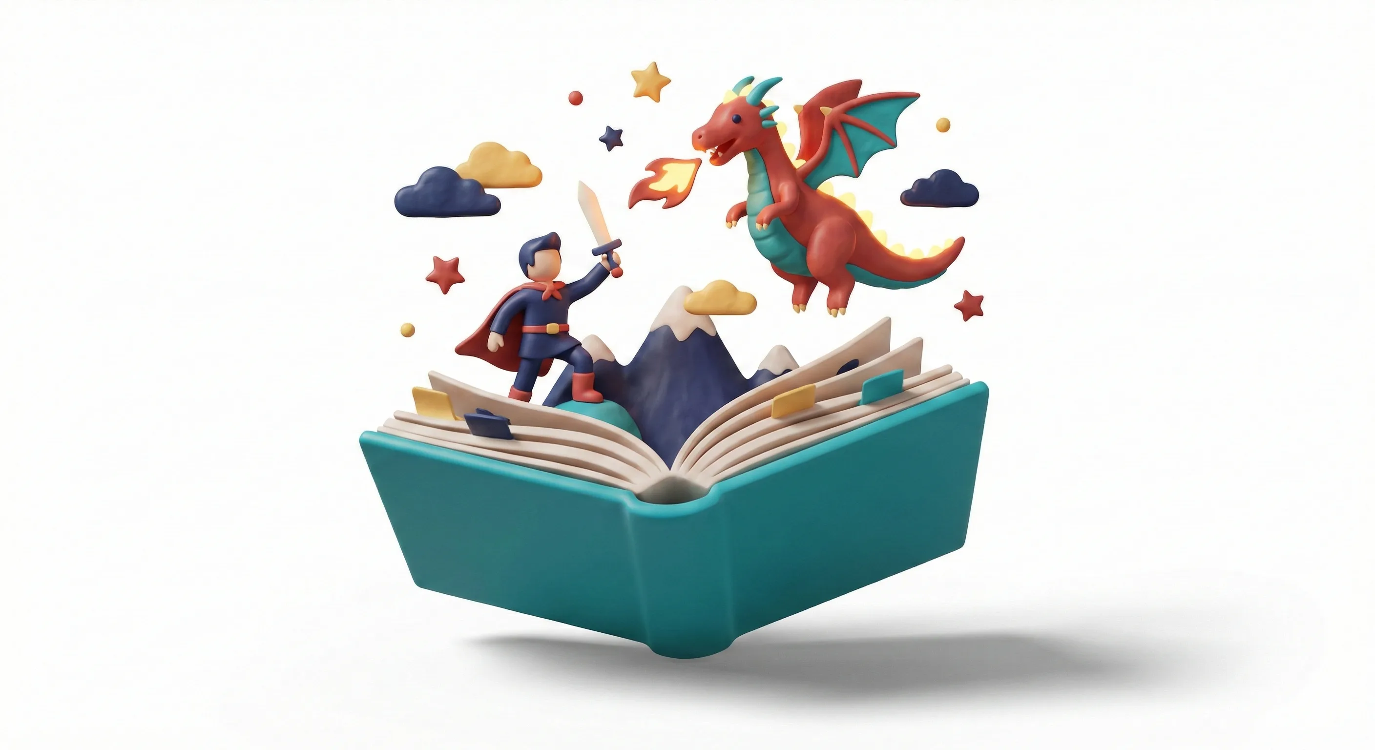 3D-Illustration: Pop-up-Buch mit Held, Drache und Bergen - Magie des Erzählens