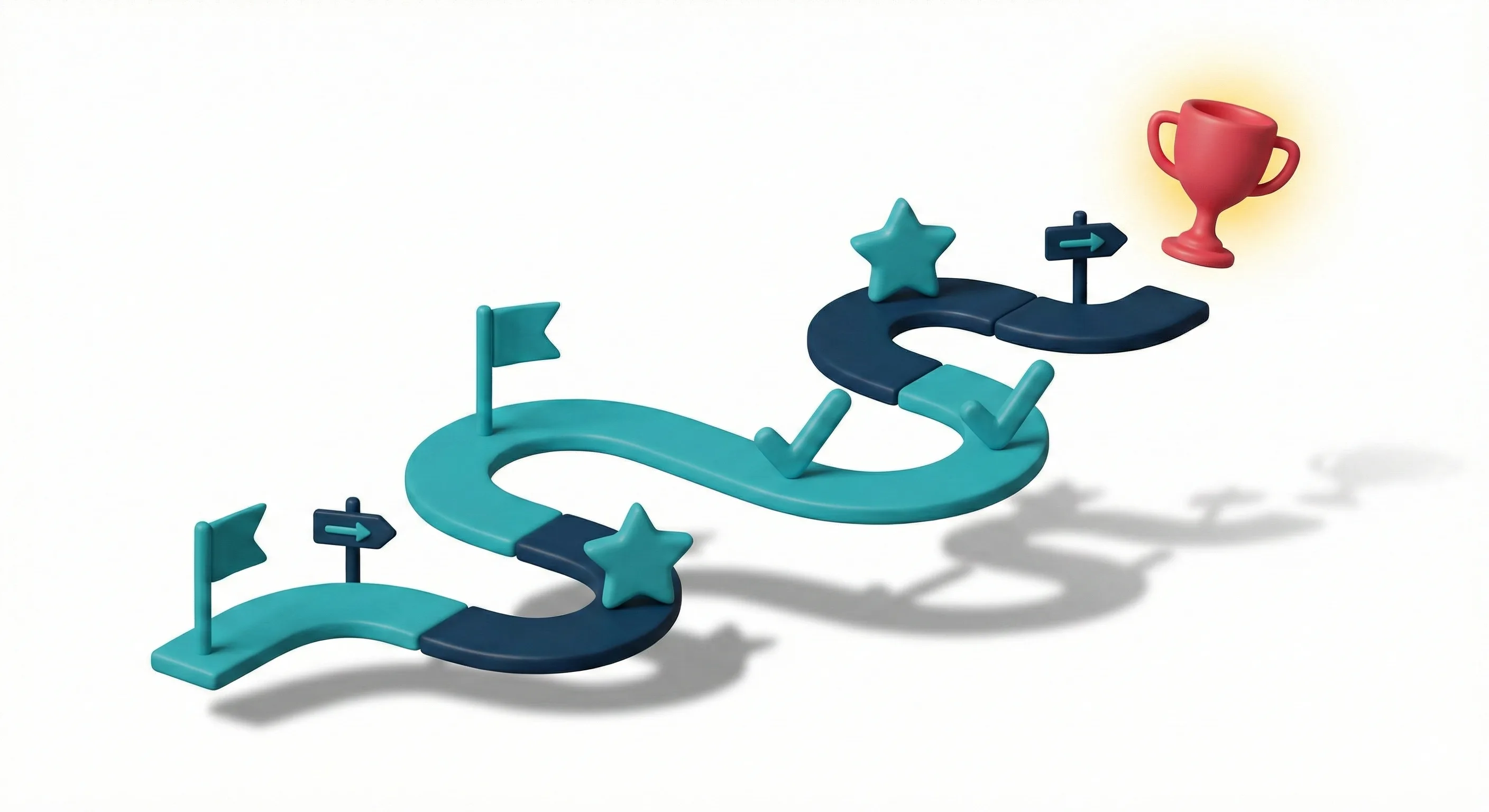 3D-Illustration: Schwebende Roadmap mit Teal-Meilensteinen und leuchtender Trophäe