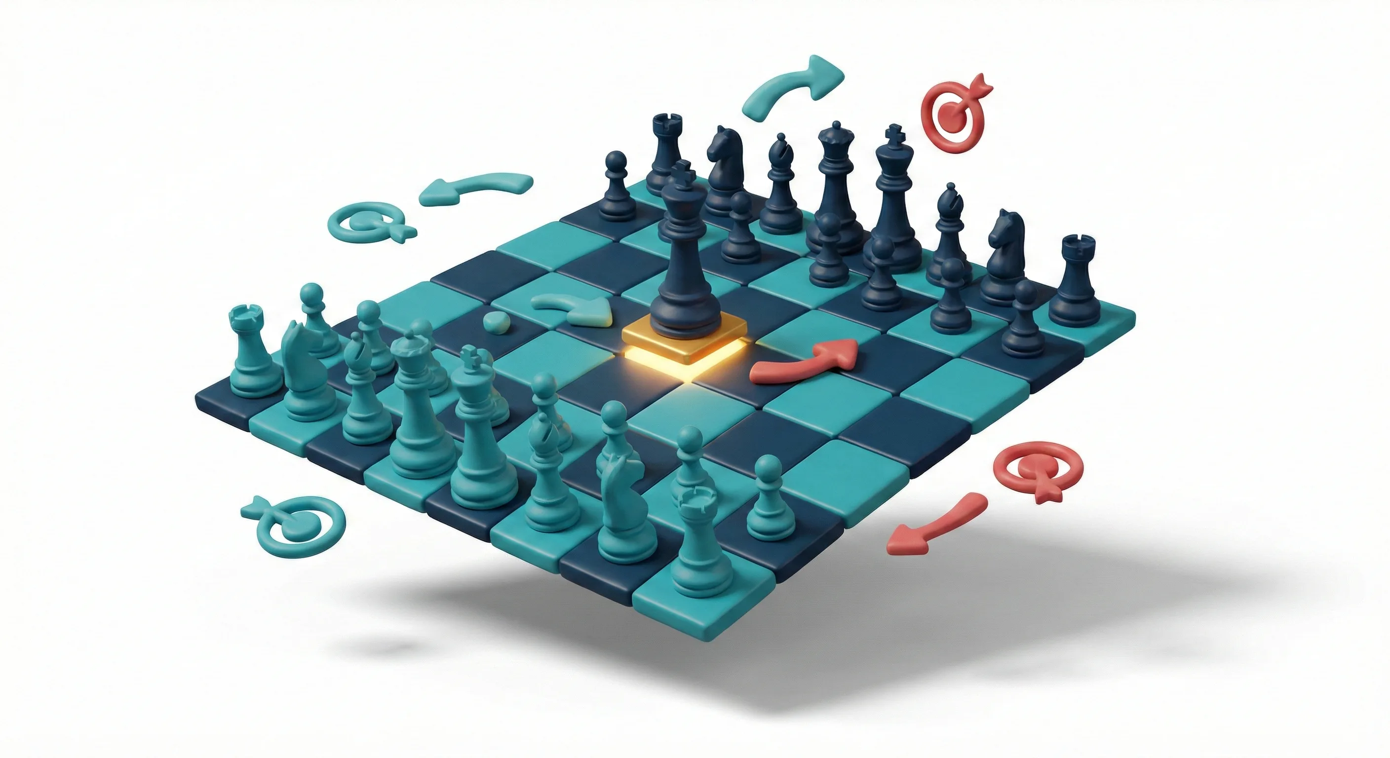 3D-Illustration: Schwebendes Schachbrett mit Teal- und Navy-Figuren, goldener König