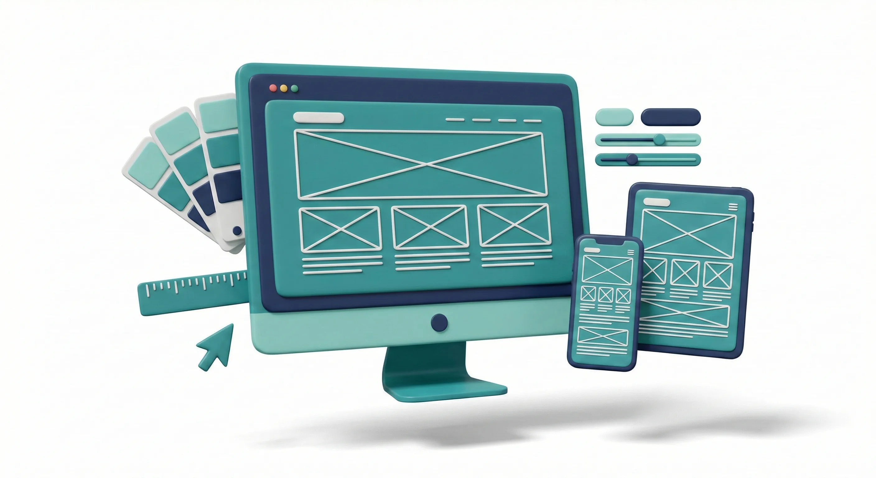 3D-Illustration: Moderner Laptop mit Website-Layout, Code-Elementen und Design-Tools