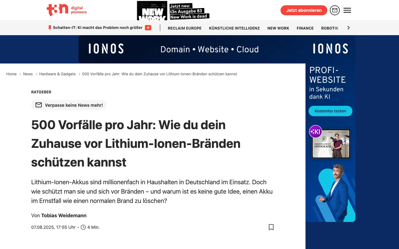t3n: Brennende Lithium-Ionen-Akkus — Was du auf keinen Fall tun solltest