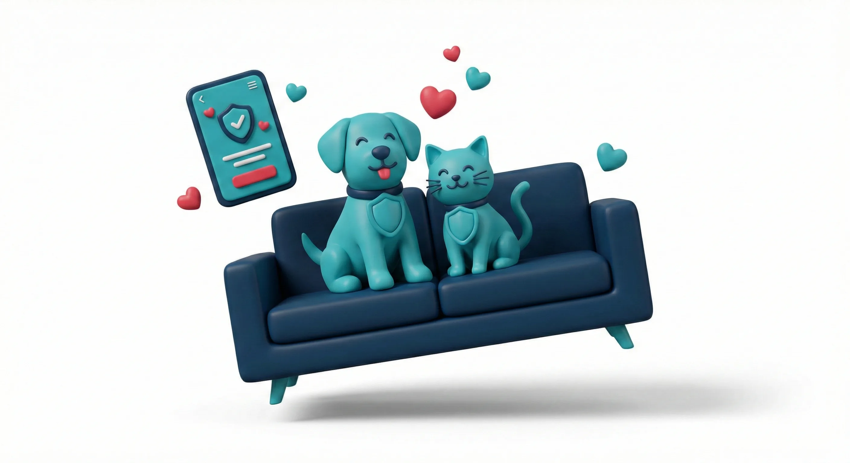 3D-Illustration: Haustiere mit Schutzschild und Versicherungssymbolen