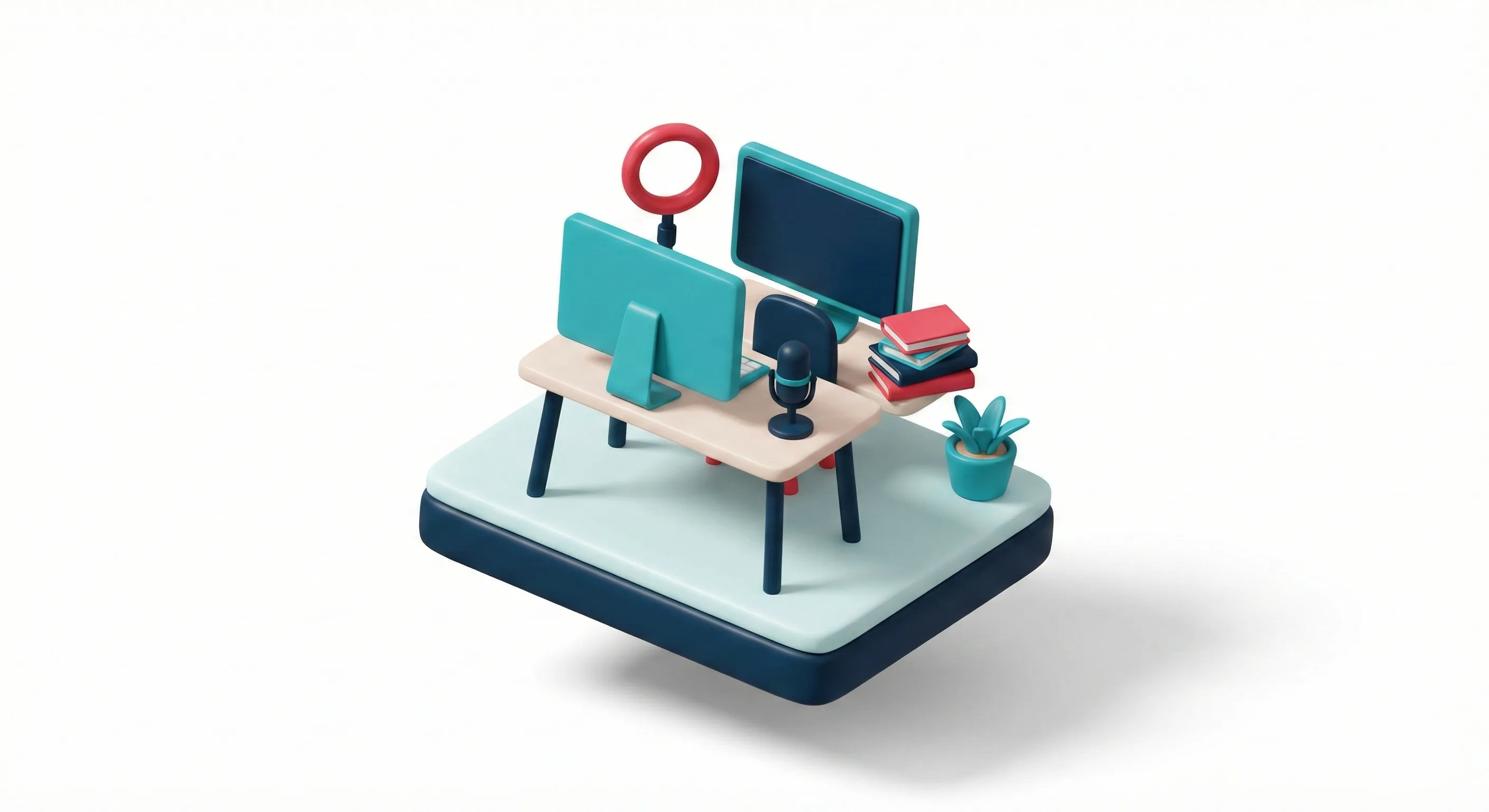 3D-Illustration: Schwebendes Home-Office Diorama mit Monitoren, Mikrofon und Büchern