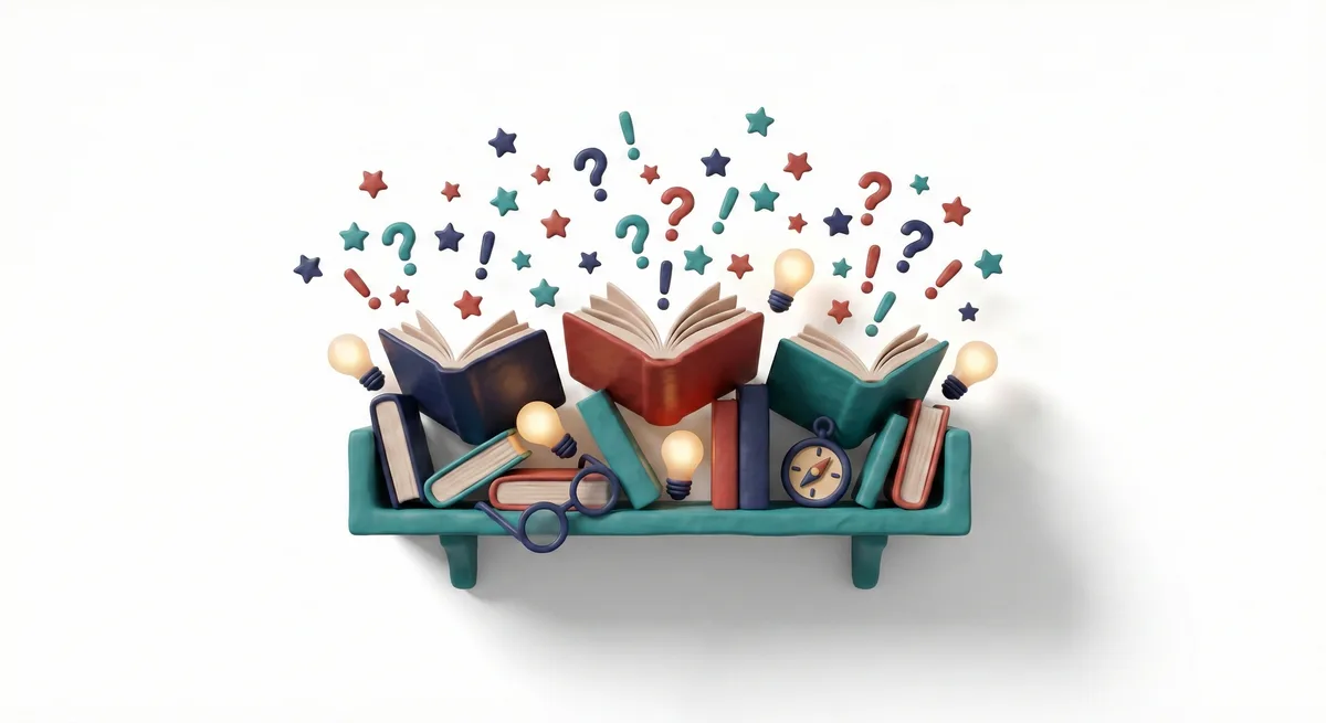 3D-Illustration: Bücherregal mit Glühbirnen, Kompass und Wissenssymbolen